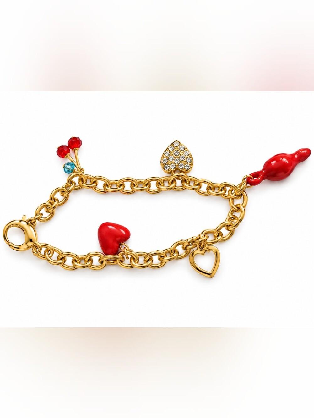Gold Charm Link Bracelet with Red Heart and Bead Accents